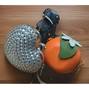 Novelty Crossbody Purse Lot Of 3 Dino Orange Heart Faux Leather Rinestone Chain